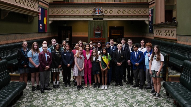 doves-minister-student-council Members of the 2024 Minister's Student Council with Prue Car in NSW Parliament.